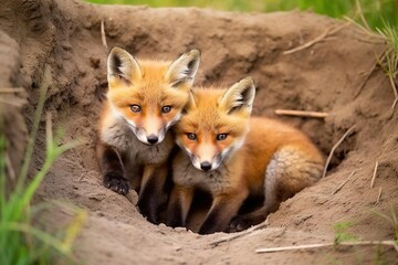 Naklejka na ściany i meble Two young foxes closeup. European fox babies playing