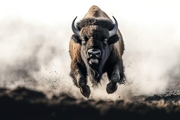 Wild bison running closeup.