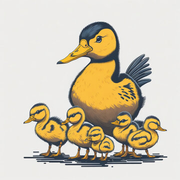 Mother duck and ducklings. Cute baby ducks walking in row, vector, illustration, white background