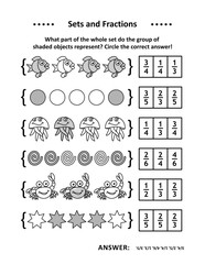 Sets and fractions math puzzle or worksheet to learn, practice and reinforce fractions represented by subsets. Black and white, printable. Answer included.