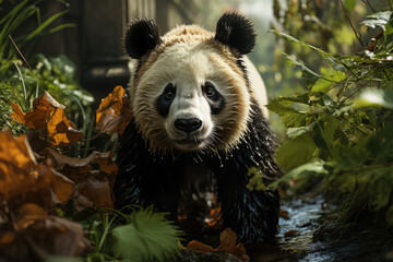 A regal panda walking through a lush jungle, panda a sense of wonder, ai generated.