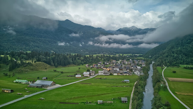 Aerial view on Bohinjska Bistrica a day before the biggest flood in Slovenia history in August 2023, photo taken 3rd August 2023