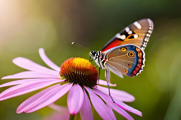 Fototapeta na wymiar Butterfly Perched on a Pink Flower in Summer Garden. Selective Soft Focus. Generative AI