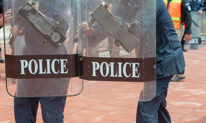 Riot police control the crowd..