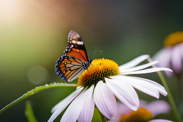 Obraz premium Vibrant yellow flower, close-up beautiful butterfly, delicate petal details, blurred nature background. Generative AI