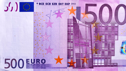 Top view of a part of the 500 euro banknote. The single currency of the European Union. Background of cash Euro notes. Five hundred euros. Economics and finance.
