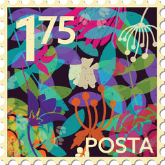 Digital png illustration of post stamp with flowers and posta text on transparent background