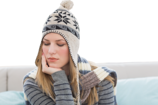 Digital png photo of bored caucasian woman with cap on transparent background - Powered by Adobe
