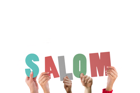 Digital png illustration of hands holding salom text on transparent background - Powered by Adobe