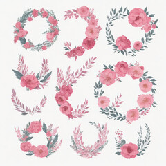 vector watercolor pink floral wreath with golden circle collection