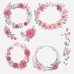 Fototapeta na wymiar vector watercolor pink floral wreath with golden circle collection