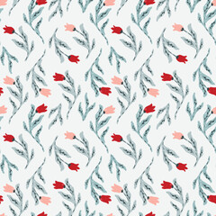 Cute ditsy hand-drawn floral pattern with small red flowers, leaves, and detailing. Seamless background for packaging, wallpapers, home decor, stationery, scarf,gift wrap, unisex fashion,kids clothing