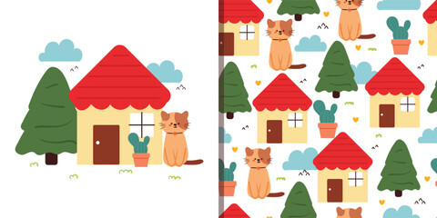Fototapeta premium seamless pattern and card cartoon cat with cute little house and tree. cute animal card and pattern for gift wrap paper