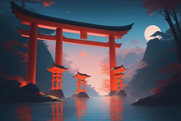 a red torii gate in the middle of the lake at night - obrazy, fototapety, plakaty