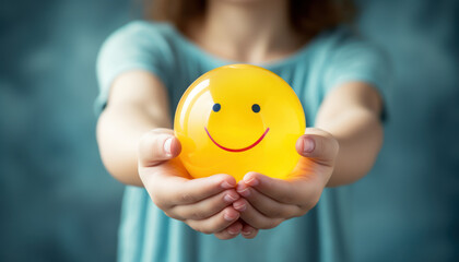 Woman hand holding happy smile sphere, Positive thinking, Mental health assessment , World mental health day concept - obrazy, fototapety, plakaty