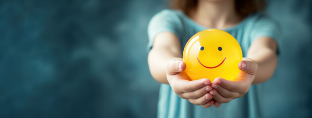 Woman hand holding happy smile sphere, Positive thinking, Mental health assessment , World mental health day concept - obrazy, fototapety, plakaty