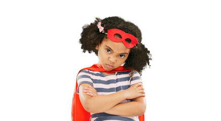 Child, superhero or arms crossed with angry face on isolated, transparent or png background. Biracial kid portrait, mad or girl in cosplay fantasy clothes for crime stop, safety or fantasy protection