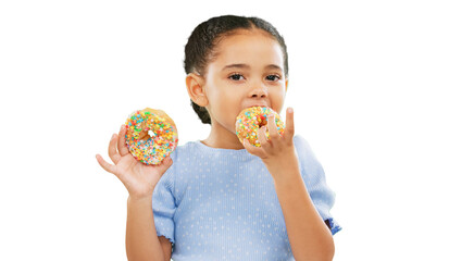 Hungry, portrait or child eating donuts on isolated, transparent or png background for party,...