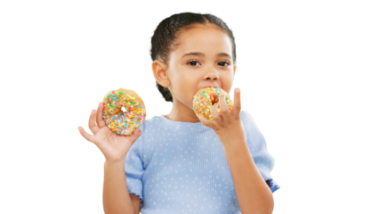 Hungry, portrait or child eating donuts on isolated, transparent or png background for party, birthday or celebration. Food, biracial kid or girl with sweets, dessert and bakery sugar cake with candy