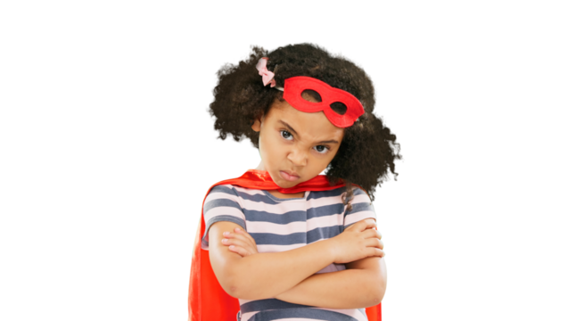 Child, superhero or arms crossed with angry face on isolated, transparent or png background. Biracial kid portrait, mad or girl in cosplay fantasy clothes for crime stop, safety or fantasy protection