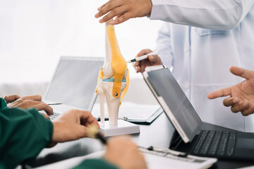 serious doctors team are analyzing fracture knee model showing the process of osteoarthritis...