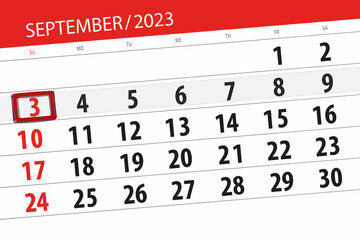 Calendar 2023, deadline, day, month, page, organizer, date, September, sunday, number 3