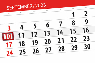 Fototapeta premium Calendar 2023, deadline, day, month, page, organizer, date, September, sunday, number 10