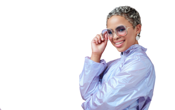Fashion portrait, sunglasses and happy woman in neon color clothes isolated on transparent png background. Smile, face and cool African gen z girl in retro style, vintage and bold summer eyeglasses