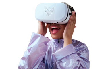 Virtual reality, metaverse and digital world with woman and future technology isolated on png transparent background. Female person, experience and VR headset with gaming, cyber space and 3D software
