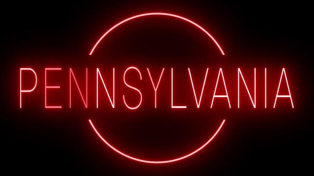 Red flickering and blinking neon sign for Pennsylvania