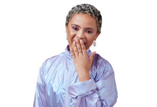 Woman, portrait and surprised hand on mouth for makeup, fashion and trendy neon clothes deal on isolated, transparent or png background. African model, retro and shocked gen z with emoji style news