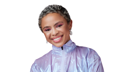 Woman, color and portrait with makeup, fashion and trendy neon clothes on isolated, transparent or png background. African model, retro or happy gen z person in bold style, cosmetics or unique beauty