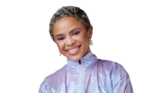 Woman, color and portrait with makeup, fashion and trendy neon clothes on isolated, transparent or png background. African model, retro or happy gen z person in bold style, cosmetics or unique beauty