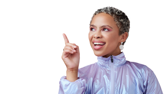 Woman, pointing up and advertising presentation, fashion deal and isolated on a transparent png background. Happy african model show promotion of gen z news, announcement and review choice of ideas