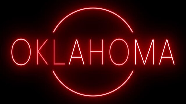 Red flickering and blinking neon sign for Oklahoma