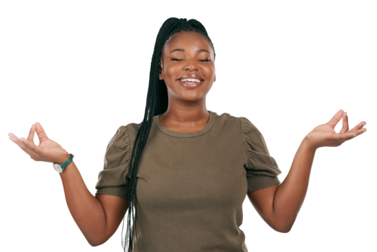 Happy black woman, meditation and mindfulness with lotus pose and zen isolated on png transparent background. Female person, peace and calm with wellness, healing and balance with yoga and health