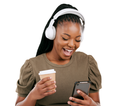 Phone, headphones or coffee for black woman listening to music, audio pr radio on isolated, transparent and png background. Smile, tea and mobile technology for African person on social media podcast - Powered by Adobe