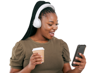 Music, coffee and surprise on smartphone, black woman listen to music isolated on png transparent background. Wow, headphone and female person using phone, social media and audio streaming with drink