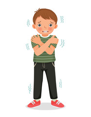 little boy shivering feeling cold trembling putting his hands on his chest