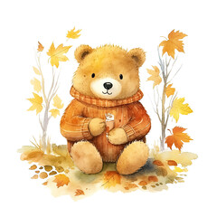 Watercolor Cute Bear Autumn Clipart , Ai Generated