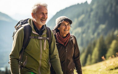 Elderly happy couple hiking outdoors. Fitness walking and forest travel journey. Active senior person concept