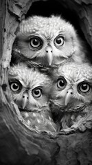 group little owls sitting in a tree - created using generative AI tools