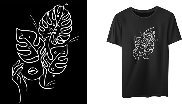 Botanical leaves with face line art t shirt design for print 