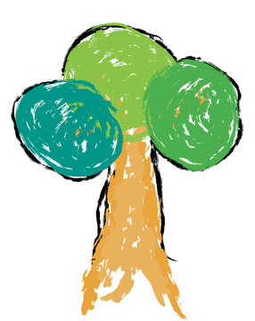 Wax crayons like children's hand-drawn trees isolated on white paper. Chalk pastels or pencils like children's hand-drawn trees on paper. Painting style with brushes, coloring style with crayons.