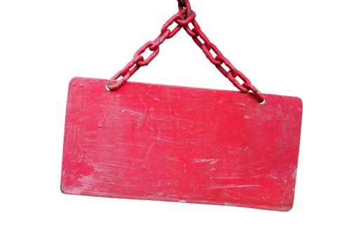 grunge red metal sign hanging with rusty chain isolated on transparent