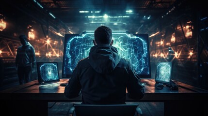 Enhancing privacy futuristic cybersecurity in virtual database, secure computing identity protection with AI and firewall, futuristic crime, hacker, virus, personal data protection, Generative AI.