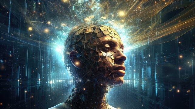 Cosmic mindfulness exploring three-dimensional dreams with AI technology, futuristic cyberworld visualizing the interface of artificial intelligence in a virtual universe, Generative AI.