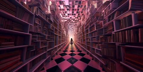 hyperrealistic library with stacks of book. Generative Ai content