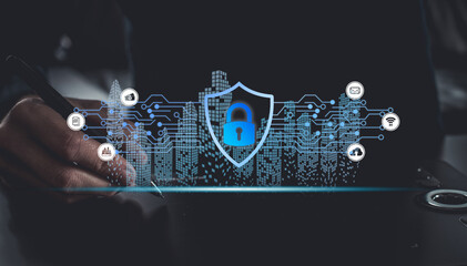 Cybersecurity of digital network systems with computer security engineer touching shield icon. Information technology protected with firewall, secure access and encryption against cyber attacks