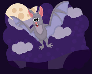 Happy cartoon bat flying in the night